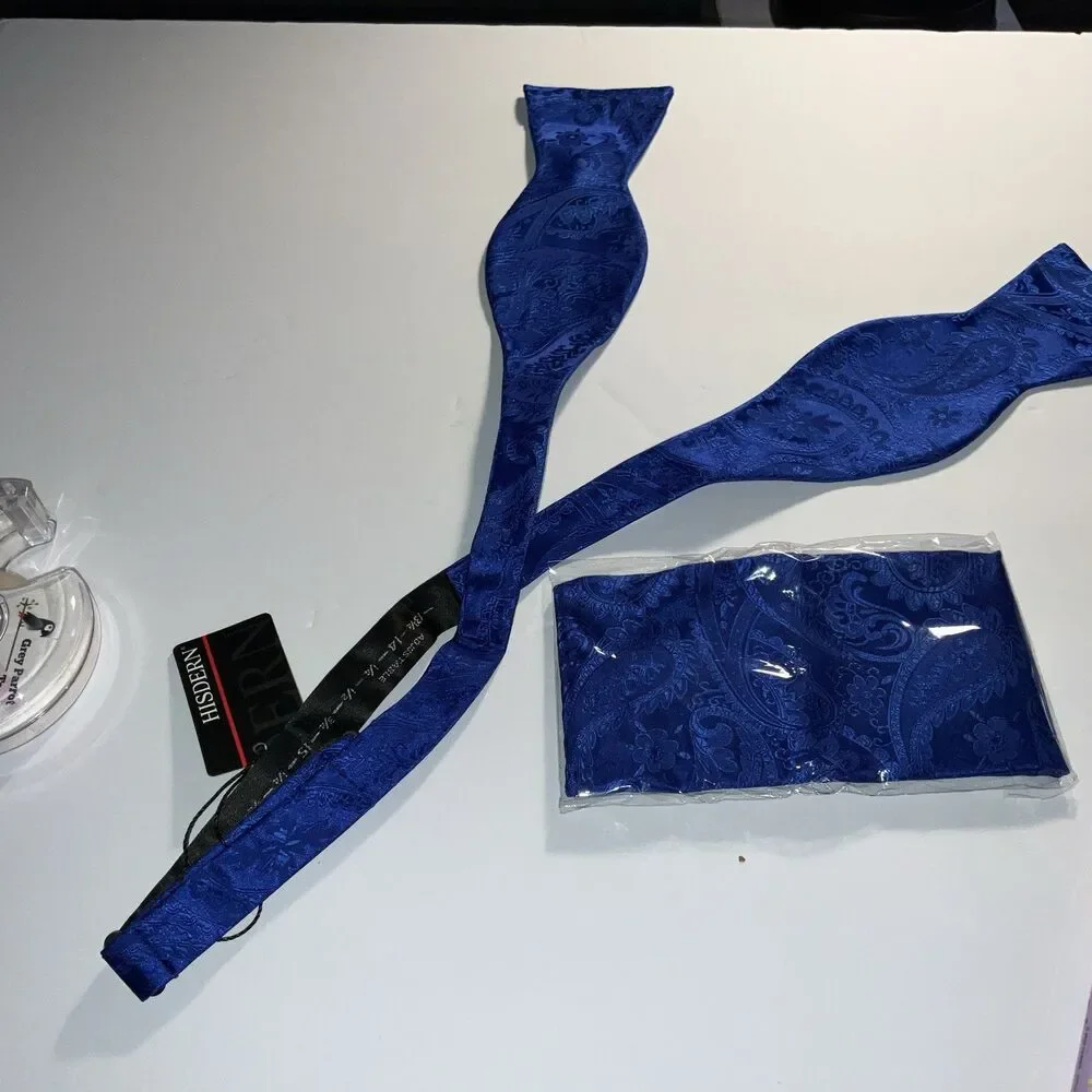 Hisdern Men Royal Blue BUTTERFLY Bow tie &Pocket Square Handkerchief Set New